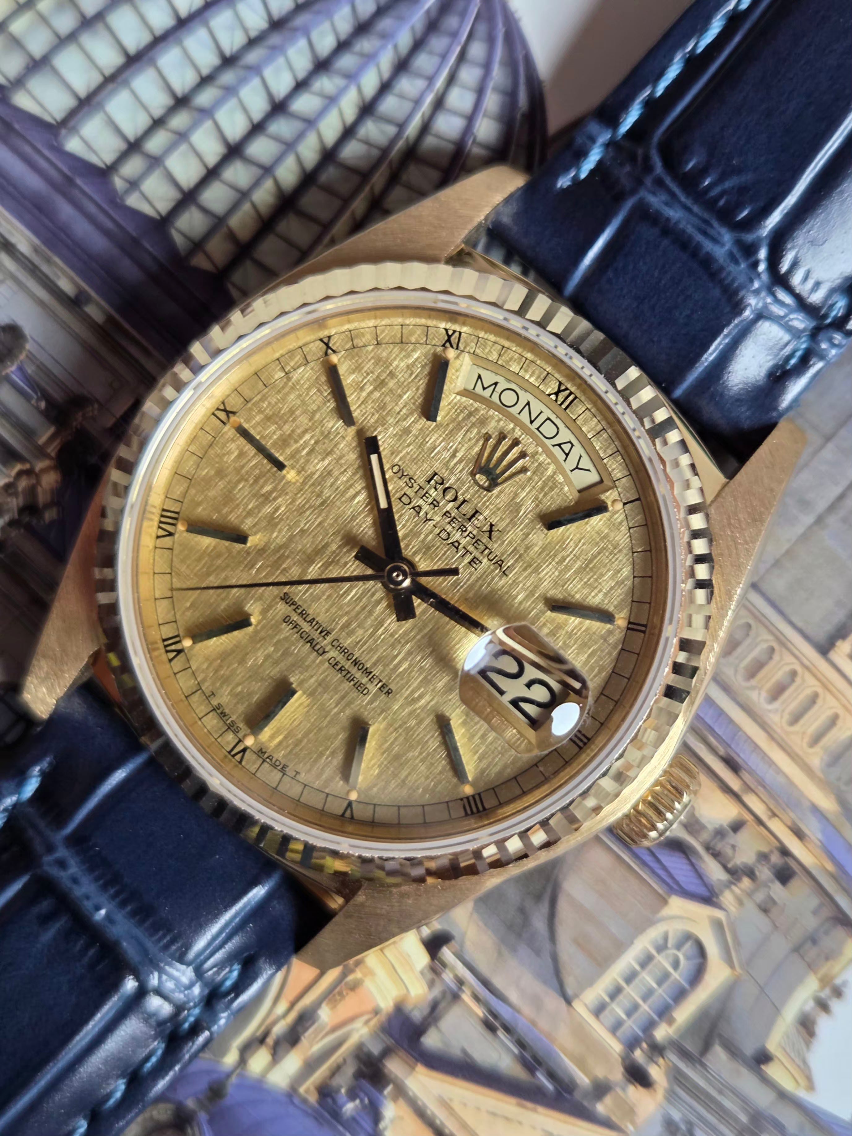 Rolex Day-Date 36 (Ref. 18038) – Striking Champagne Linen Dial!