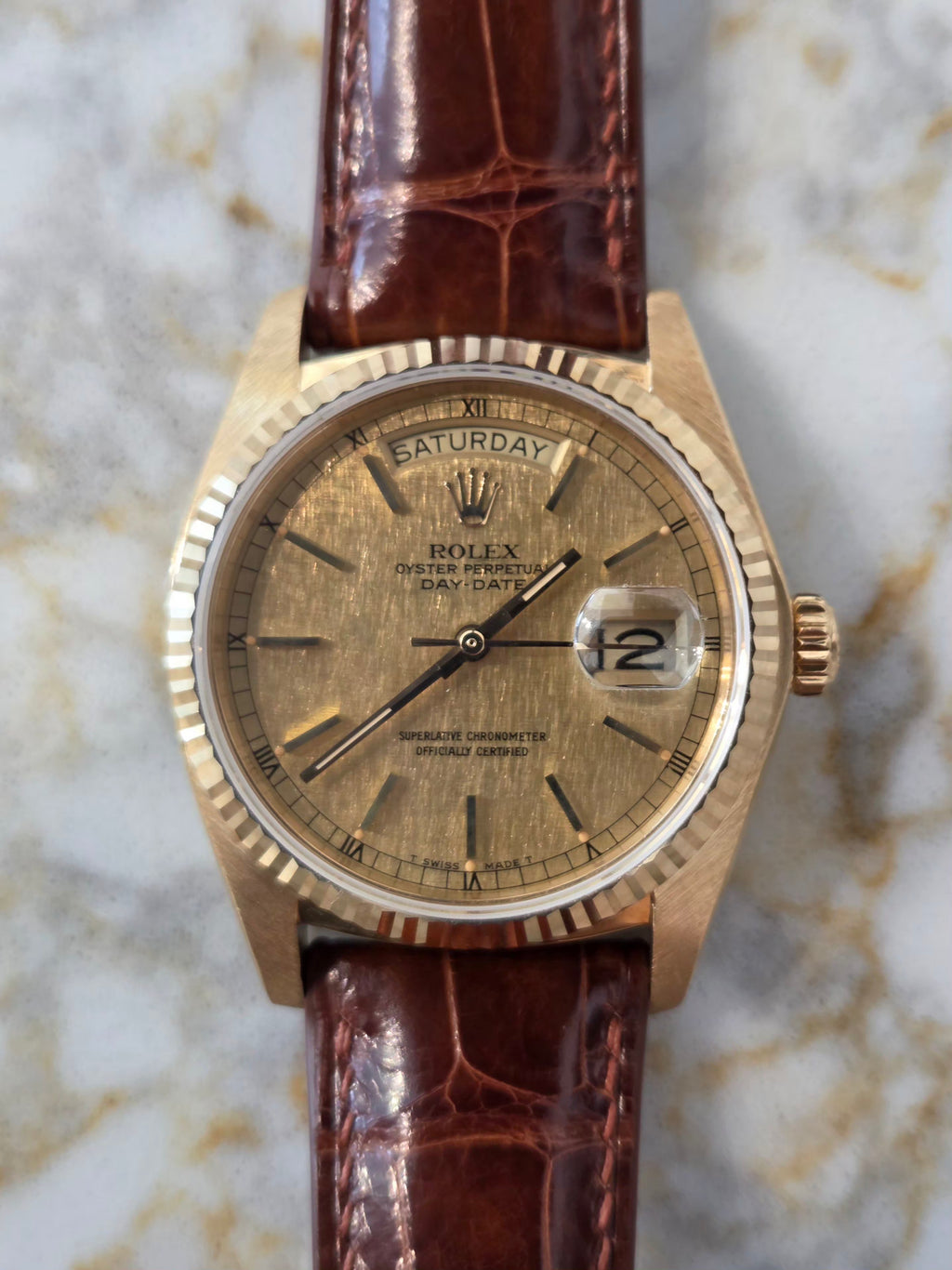 Rolex Day-Date 36 Ref. 18038 - Rare Linen Dial - 18K Yellow Gold - Single Quickset - Incredible Condition!