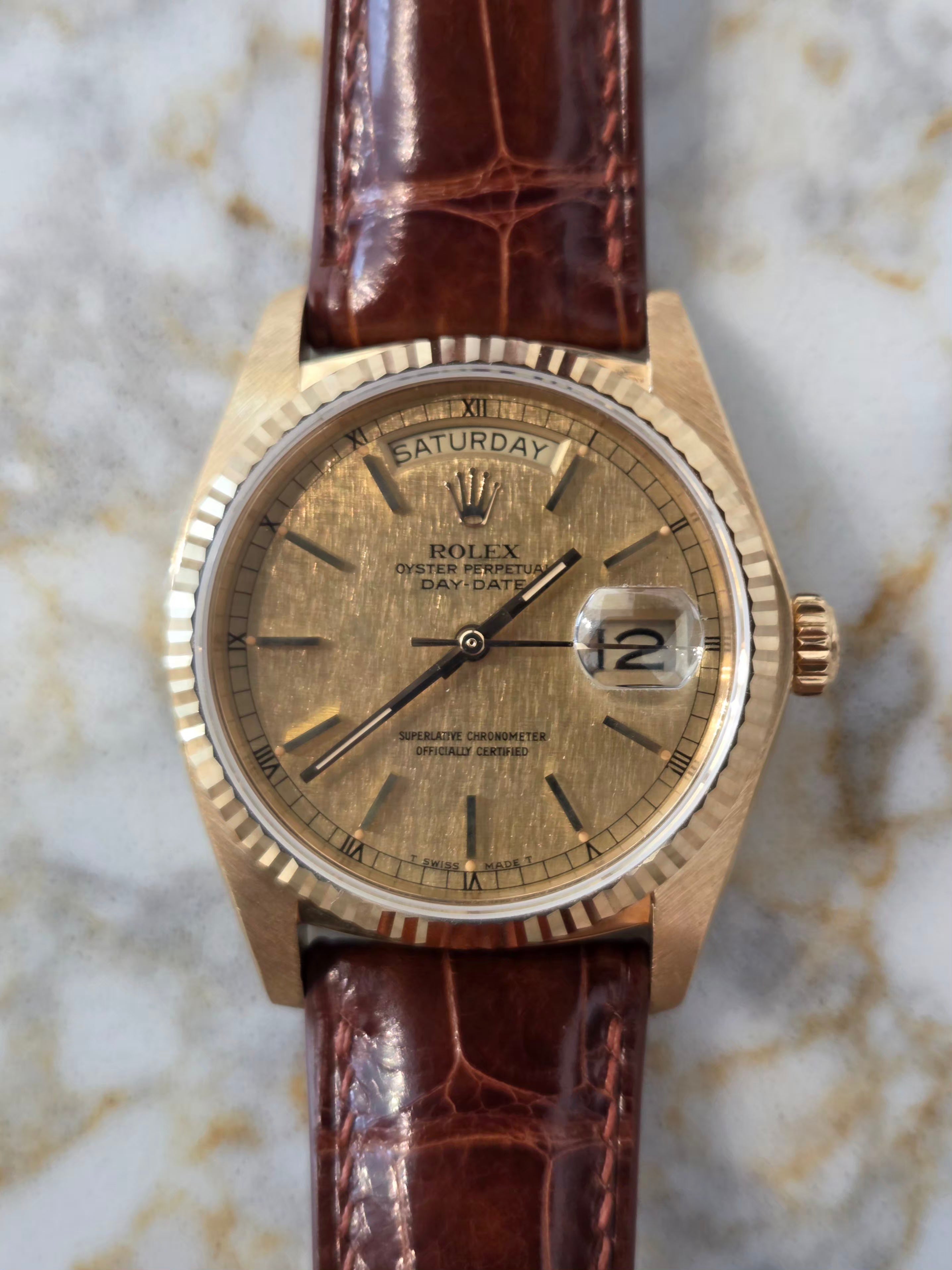 Rolex Day-Date 36 Ref. 18038 - Rare Linen Dial - 18K Yellow Gold - Single Quickset - Incredible Condition!