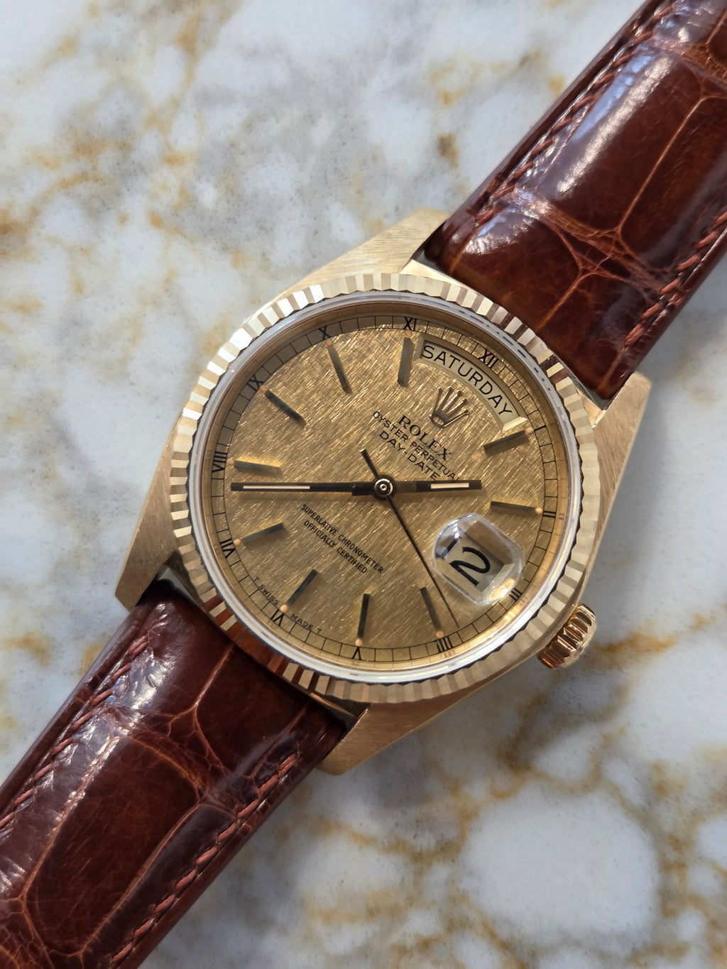 Rolex Day-Date 36 Ref. 18038 - Rare Linen Dial - 18K Yellow Gold - Single Quickset - Incredible Condition!