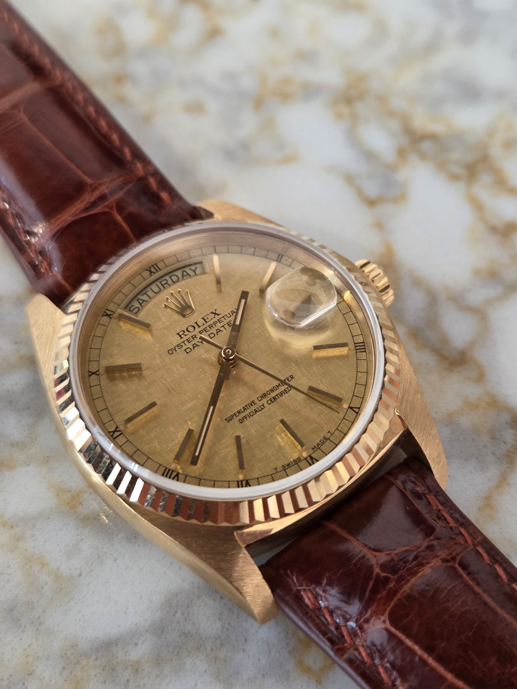 Rolex Day-Date 36 Ref. 18038 - Rare Linen Dial - 18K Yellow Gold - Single Quickset - Incredible Condition!