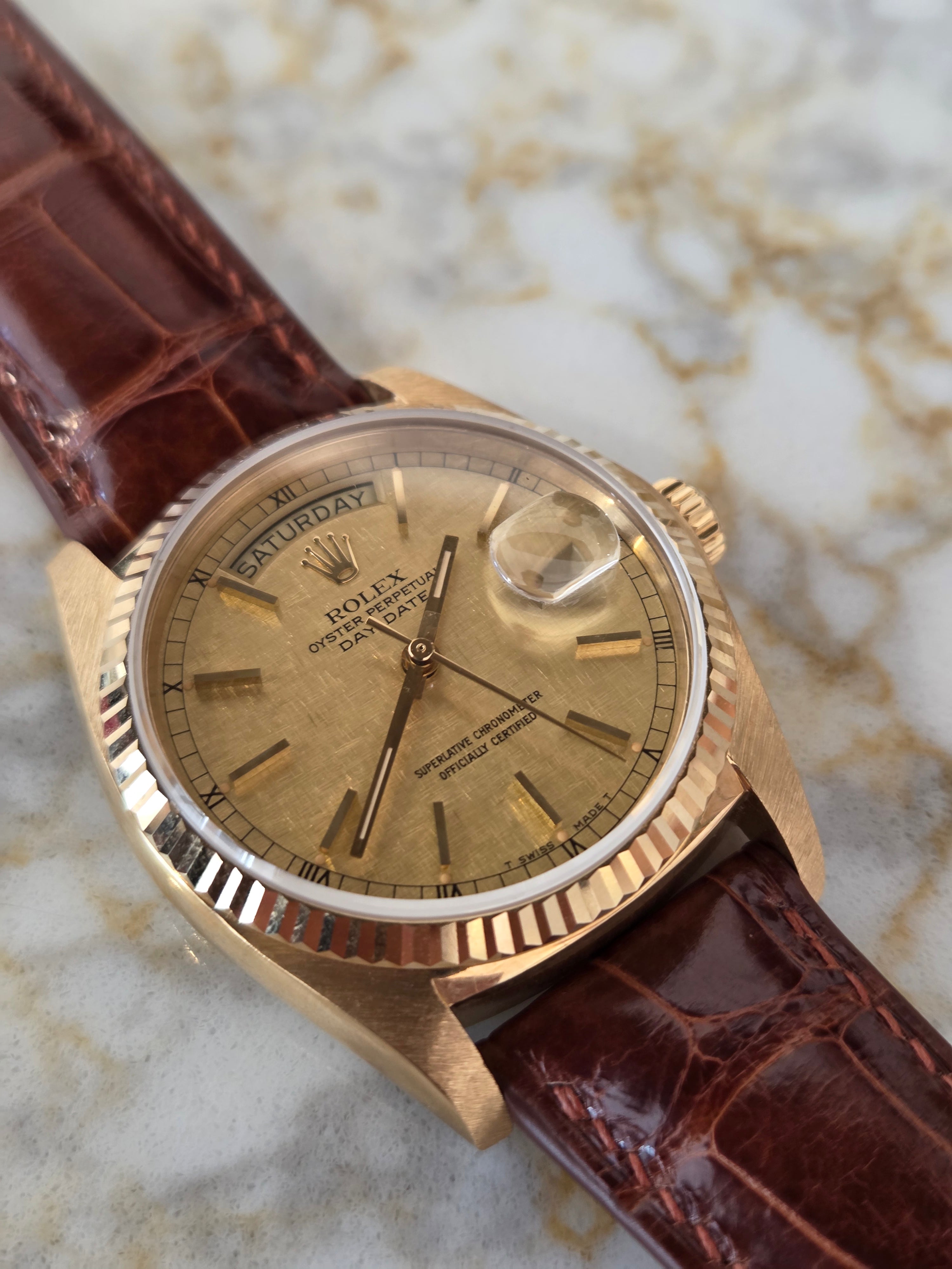 Rolex Day-Date 36 Ref. 18038 - Rare Linen Dial - 18K Yellow Gold - Single Quickset - Incredible Condition!