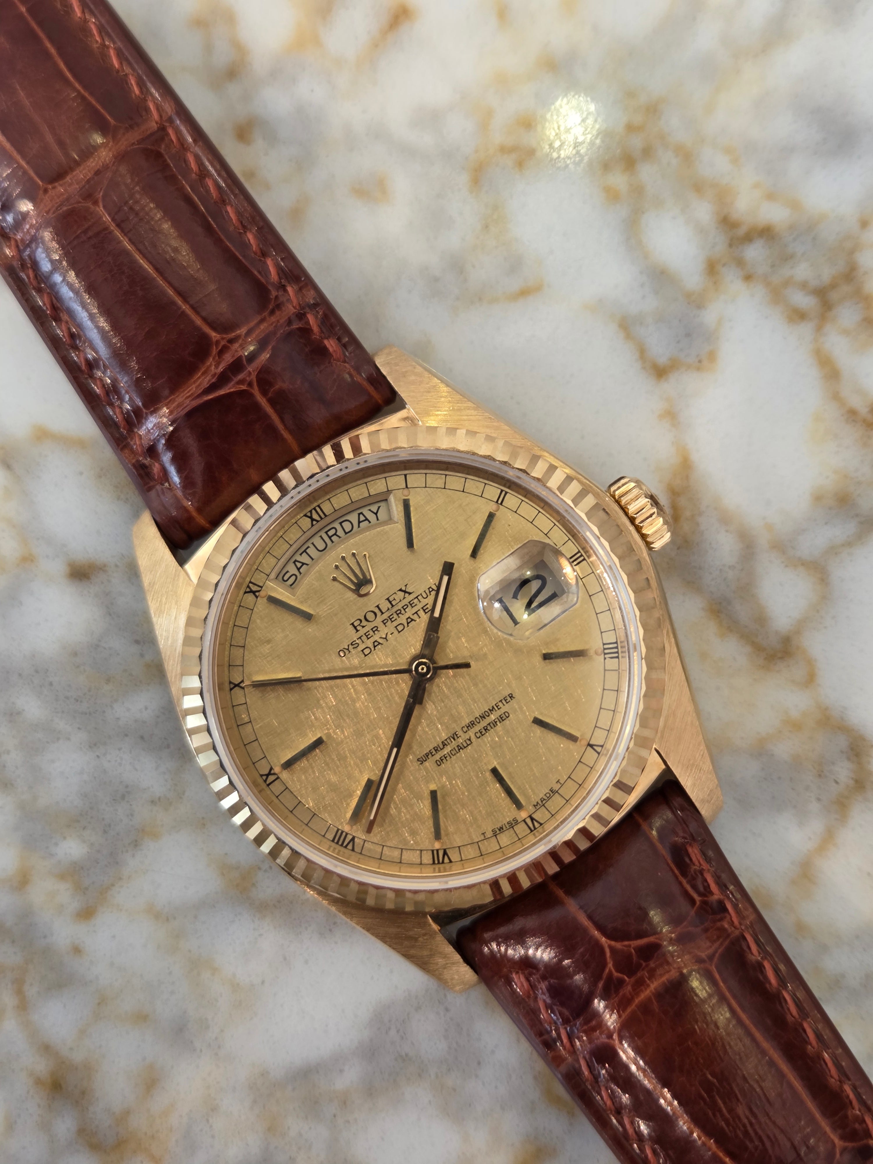 Rolex Day-Date 36 Ref. 18038 - Rare Linen Dial - 18K Yellow Gold - Single Quickset - Incredible Condition!