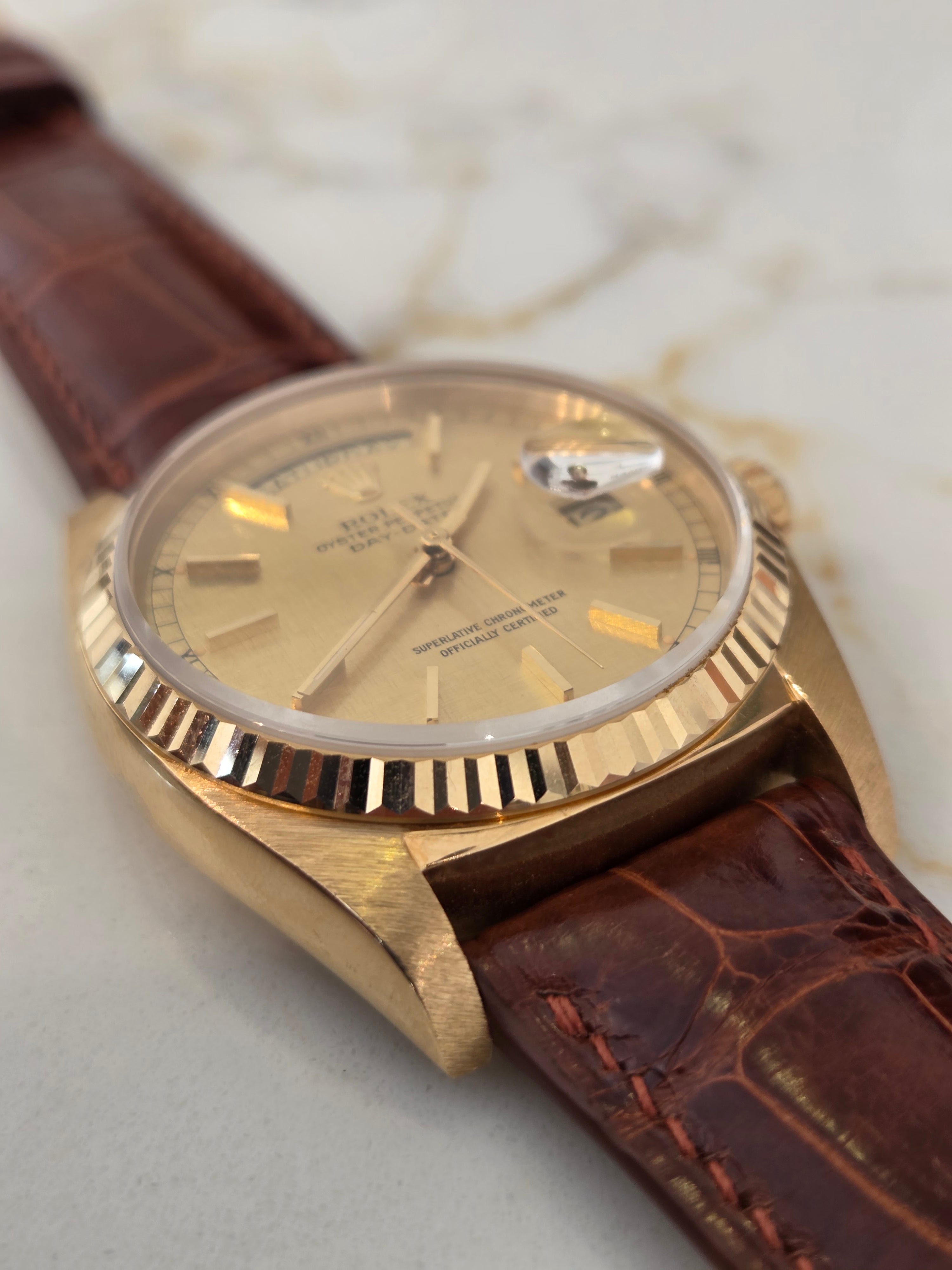 Rolex Day-Date 36 Ref. 18038 - Rare Linen Dial - 18K Yellow Gold - Single Quickset - Incredible Condition!