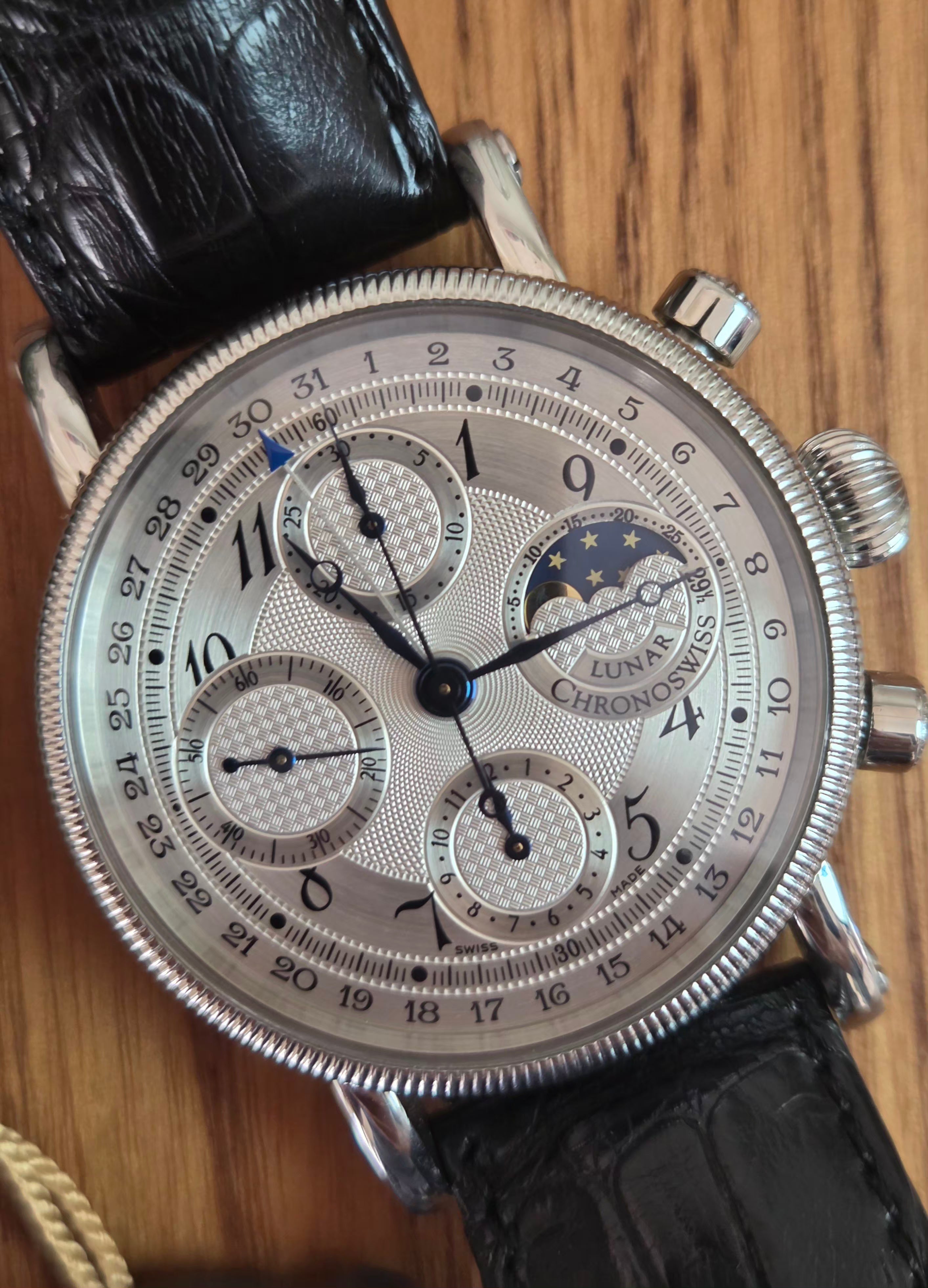 Chronoswiss Lunar Chronograph |silver guilloché dial / moon phase at 3 o'clock | Full-Set 2006 📜