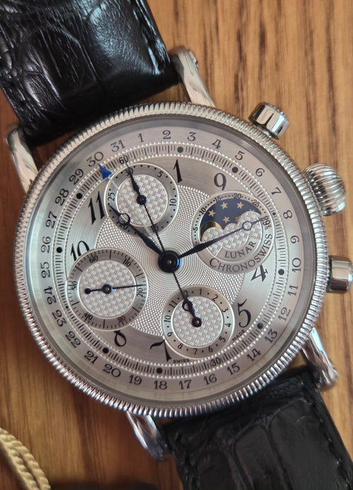 Chronoswiss Lunar Chronograph |silver guilloché dial / moon phase at 3 o'clock | Full-Set 2006 📜