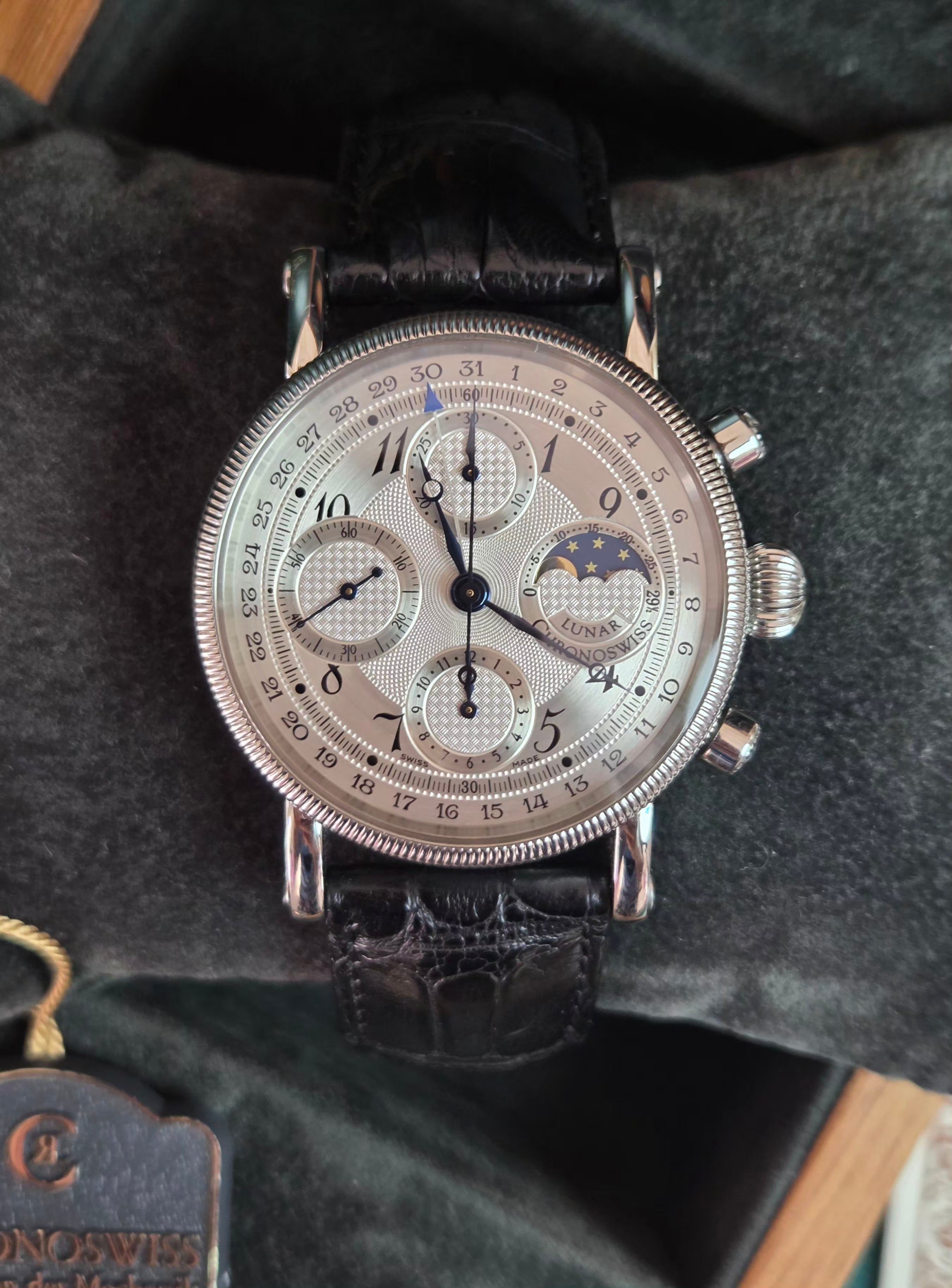 Chronoswiss Lunar Chronograph |silver guilloché dial / moon phase at 3 o'clock | Full-Set 2006 📜