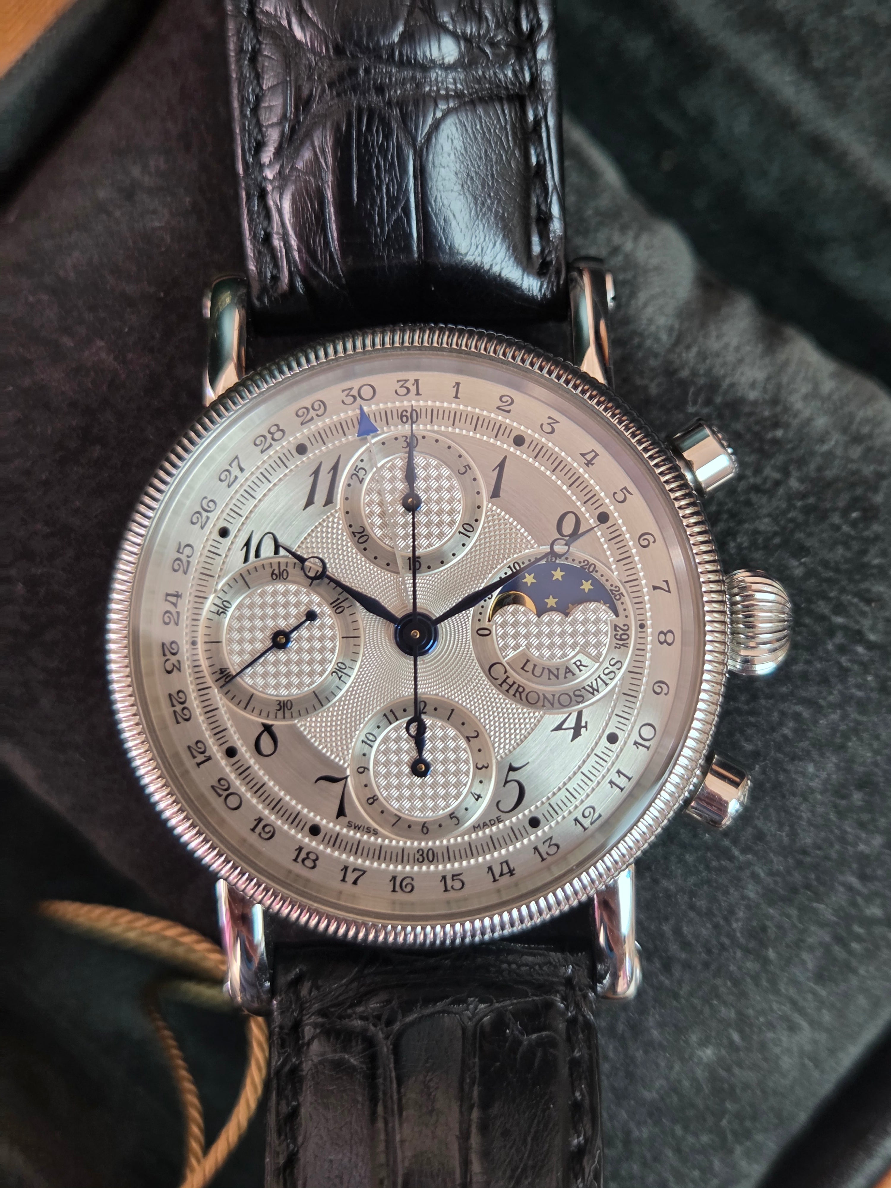 Chronoswiss Lunar Chronograph |silver guilloché dial / moon phase at 3 o'clock | Full-Set 2006 📜