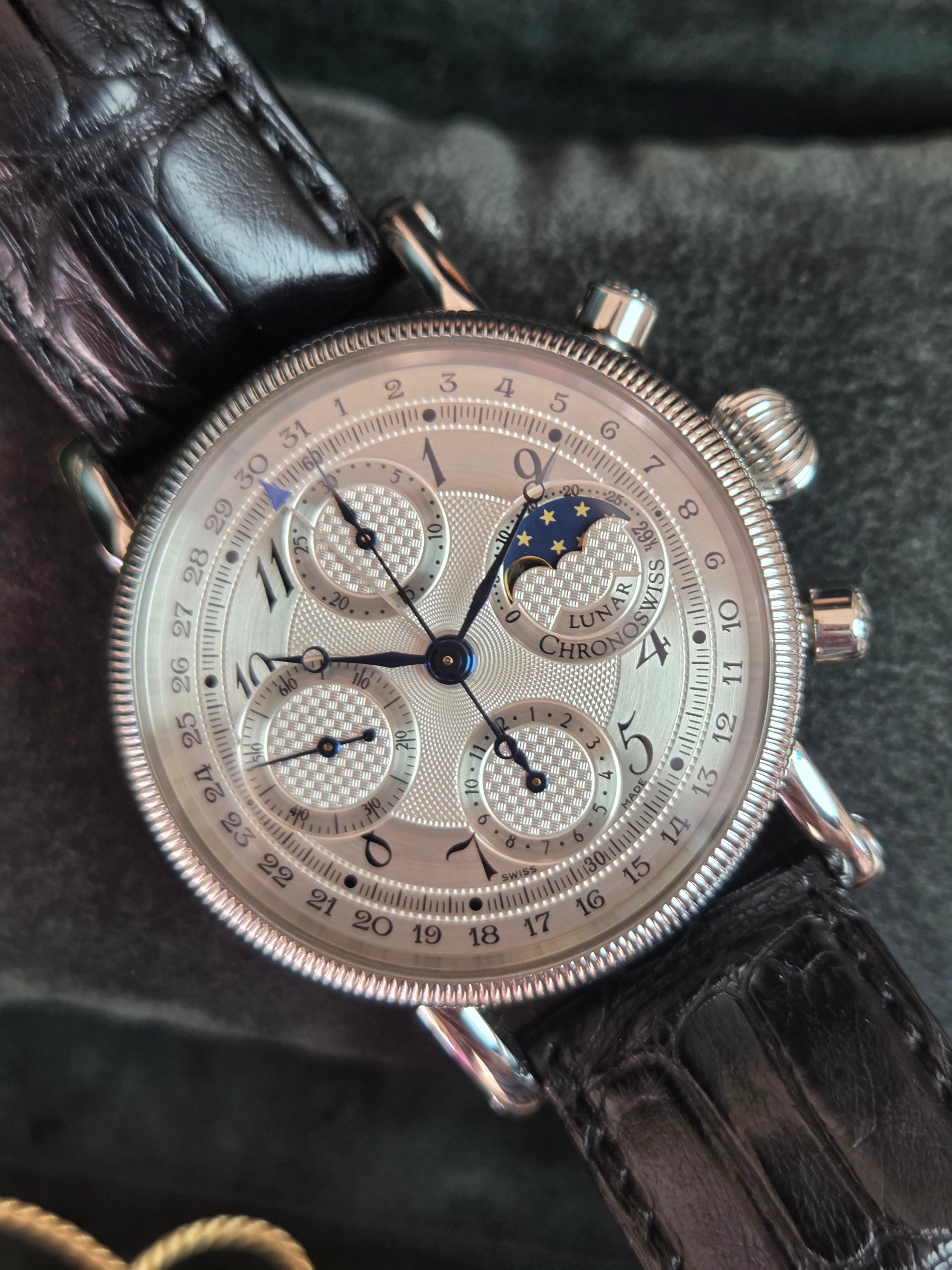 Chronoswiss Lunar Chronograph |silver guilloché dial / moon phase at 3 o'clock | Full-Set 2006 📜