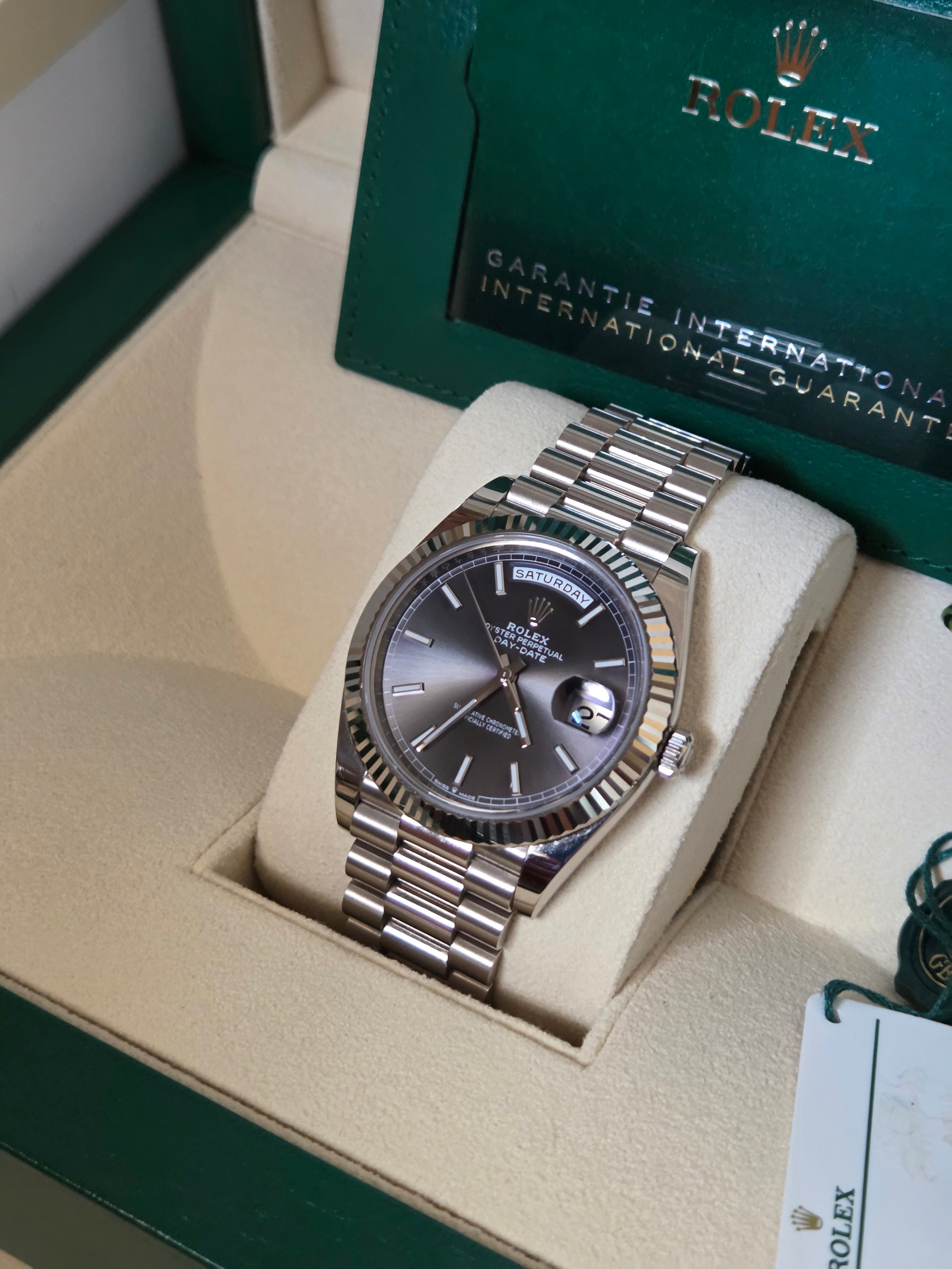Rolex Day-Date 40 Ref. 228239 – Slate Dial (18k White Gold) – Full Set 2023