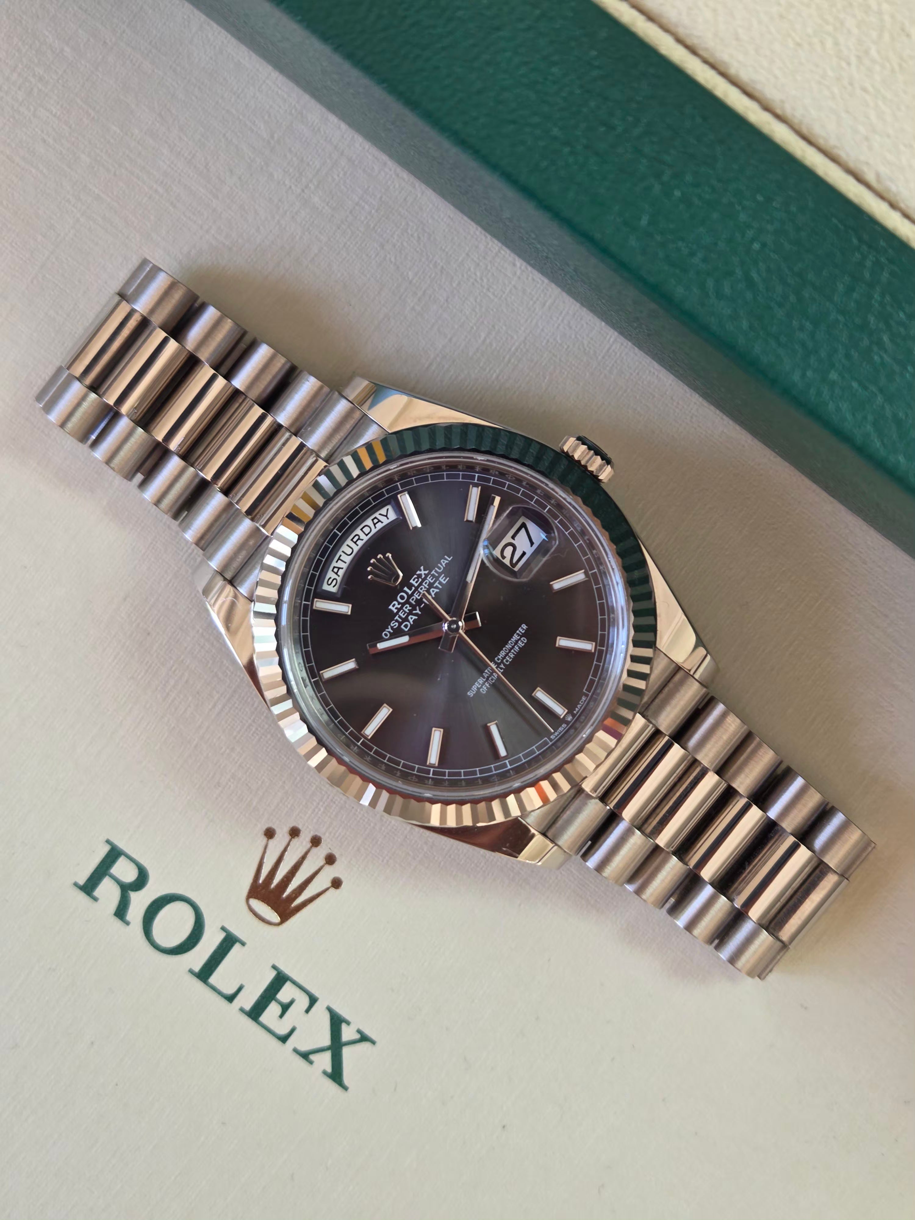 Rolex Day-Date 40 Ref. 228239 – Slate Dial (18k White Gold) – Full Set 2023