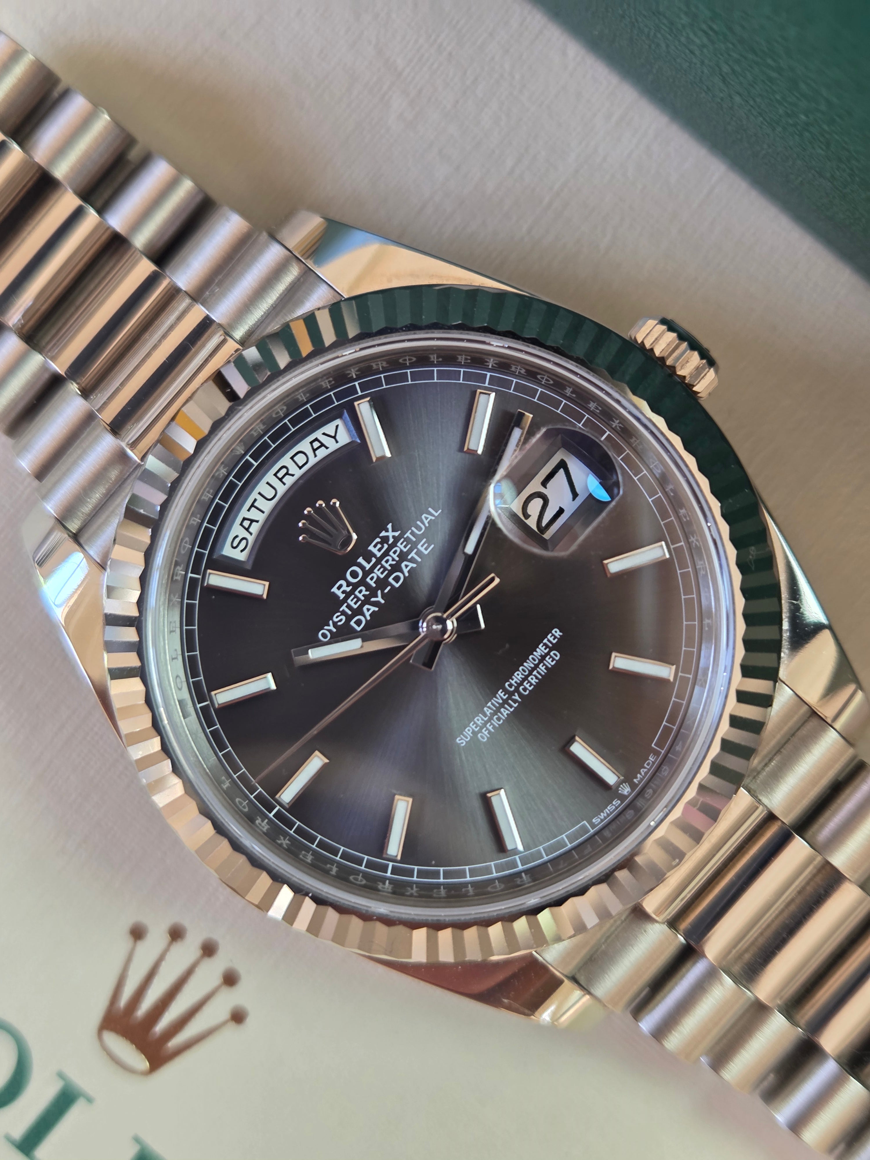 Rolex Day-Date 40 Ref. 228239 – Slate Dial (18k White Gold) – Full Set 2023