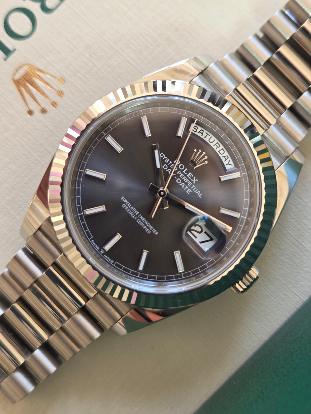 Rolex Day-Date 40 Ref. 228239 – Slate Dial (18k White Gold) – Full Set 2023