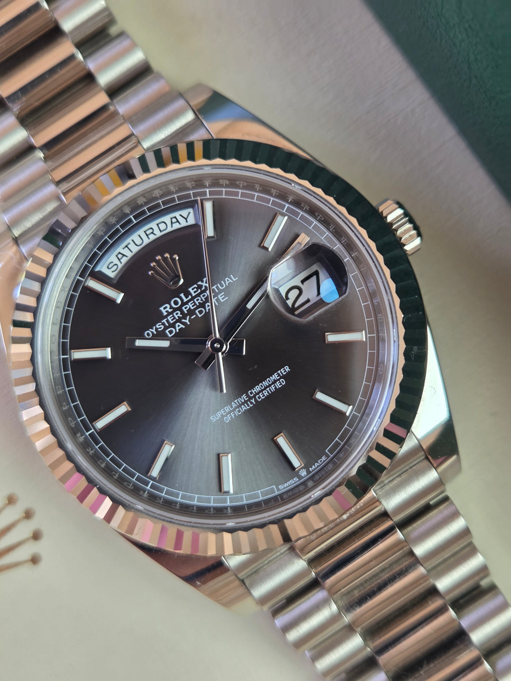 Rolex Day-Date 40 Ref. 228239 – Slate Dial (18k White Gold) – Full Set 2023