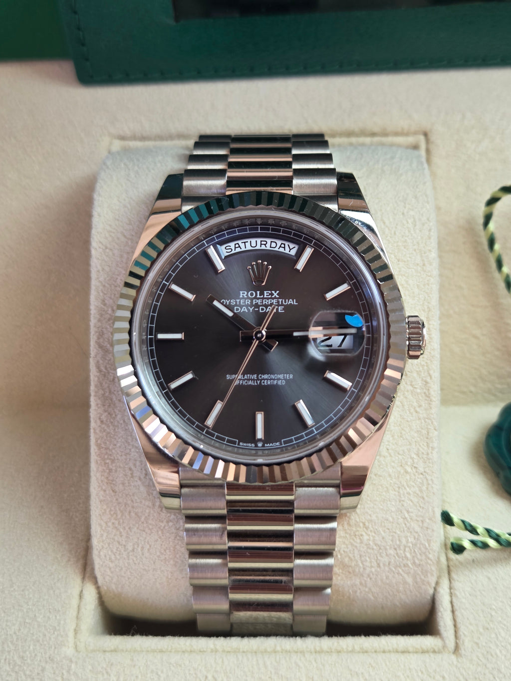Rolex Day-Date 40 Ref. 228239 – Slate Dial (18k White Gold) – Full Set 2023