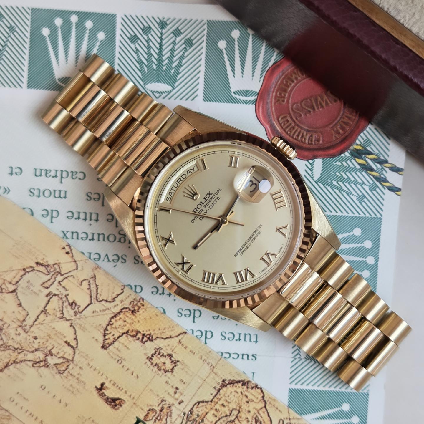 Rolex Day-Date 36 "President" 18238 | Solid 18k Gold | Rare Roman Numeral Dial – Unpolished w/ Original Purchase receipt including Box & Papers Dated 1993 📜